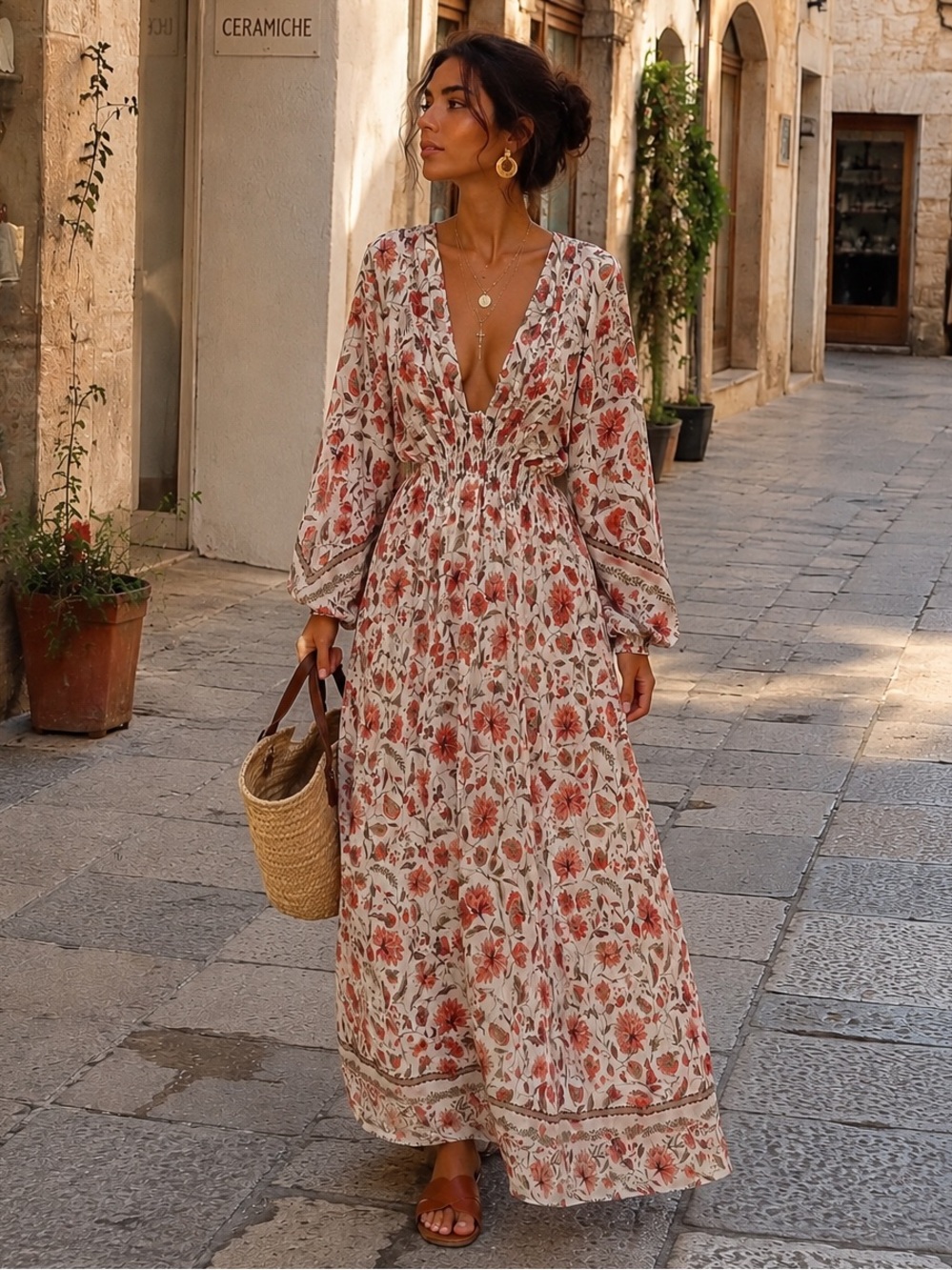 MISA Los Angeles Floral Smocked Maxi Dress Bishop Sleeve Boho Romantic M NWOT